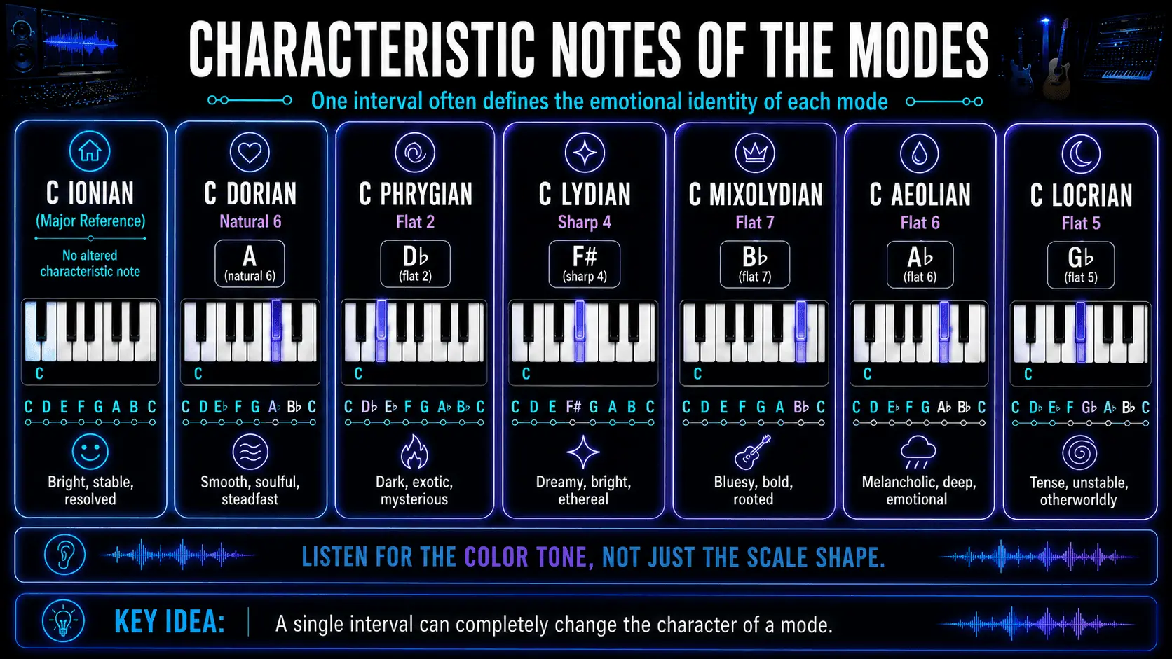Parallel C modes showing the characteristic notes that distinguish Dorian, Phrygian, Lydian, Mixolydian, Aeolian, and Locrian.