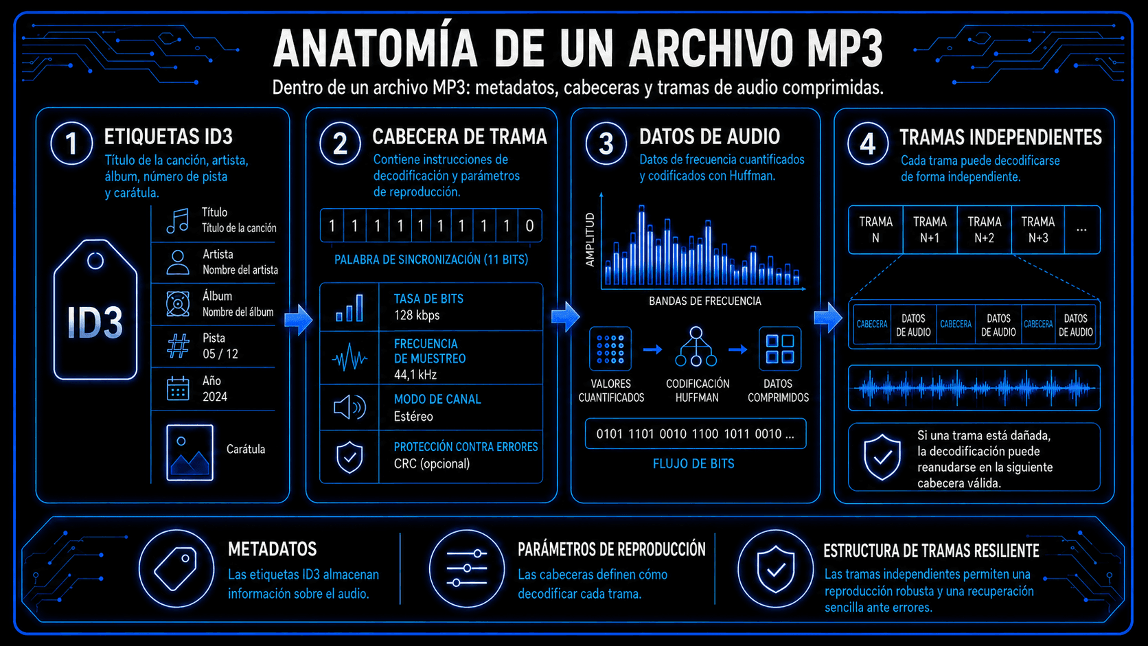 Anatomía de archivo MP3 mostrando etiquetas ID3, cabeceras de frame, datos de audio comprimidos y estructura independiente de frames