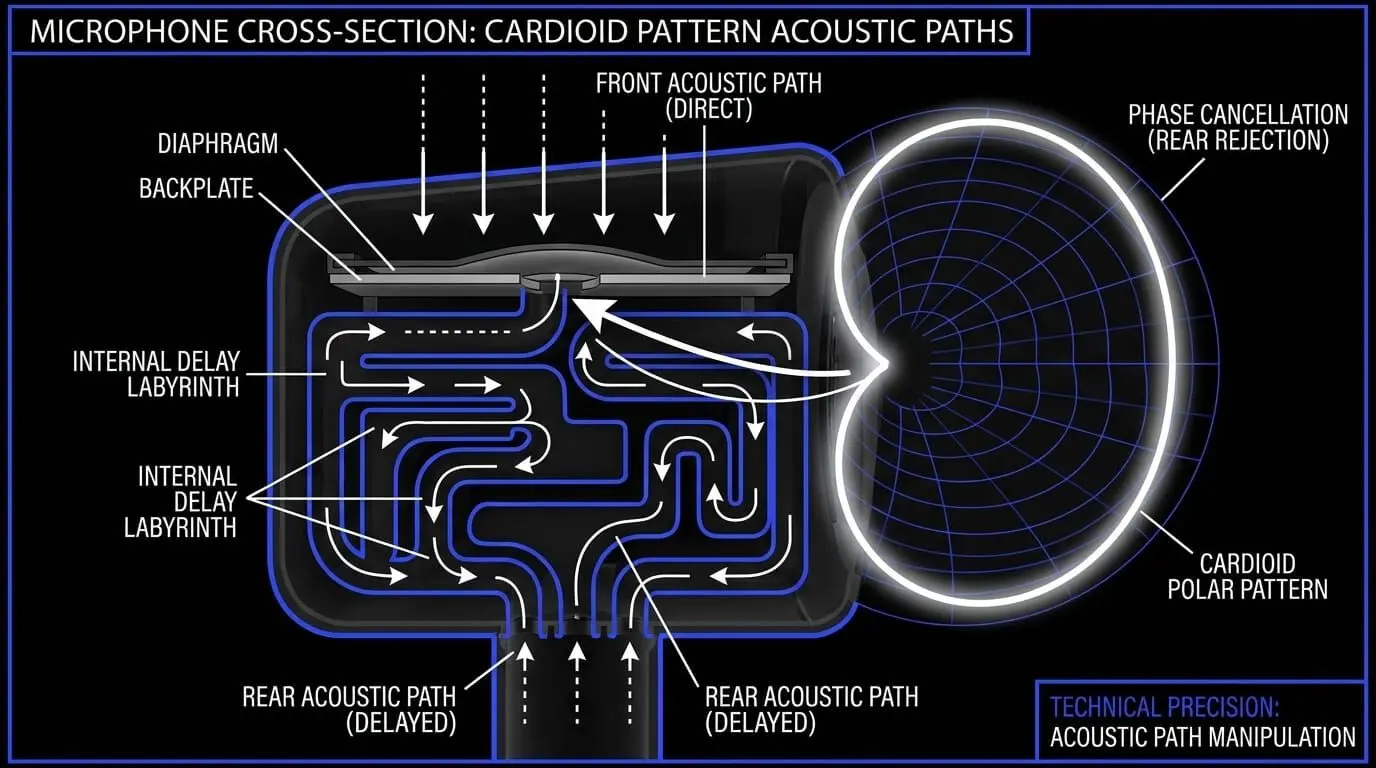 Technical diagram of a cardioid microphone cross-section showing front acoustic path, rear delay labyrinths, phase cancellation, and rear rejection polar pattern.