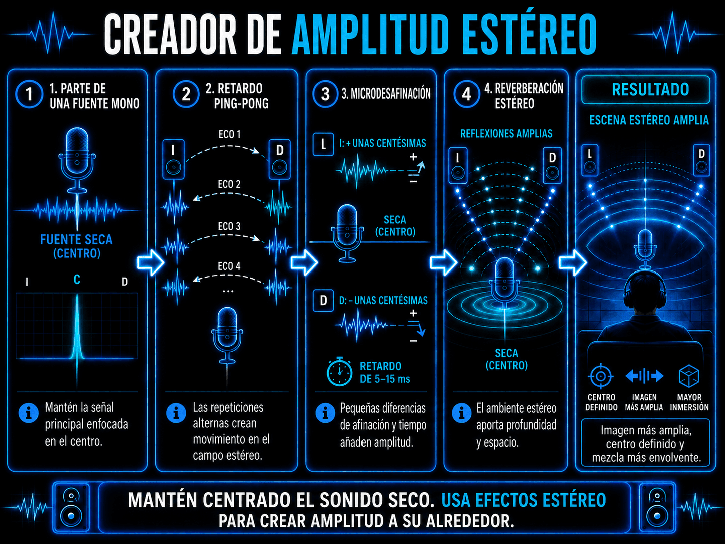 Proceso para ampliar una señal mono con retardo ping-pong, microdesafinación y reverberación estéreo.