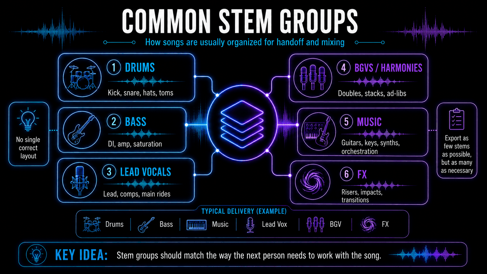 Infographic showing common audio stem groups, including drums, bass, lead vocals, backing vocals, music, and FX for song handoff and mixing.
