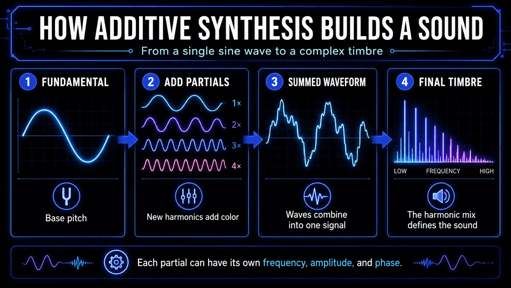 Four-step additive synthesis process showing a fundamental sine wave, added partials, summed waveform, and final timbre.