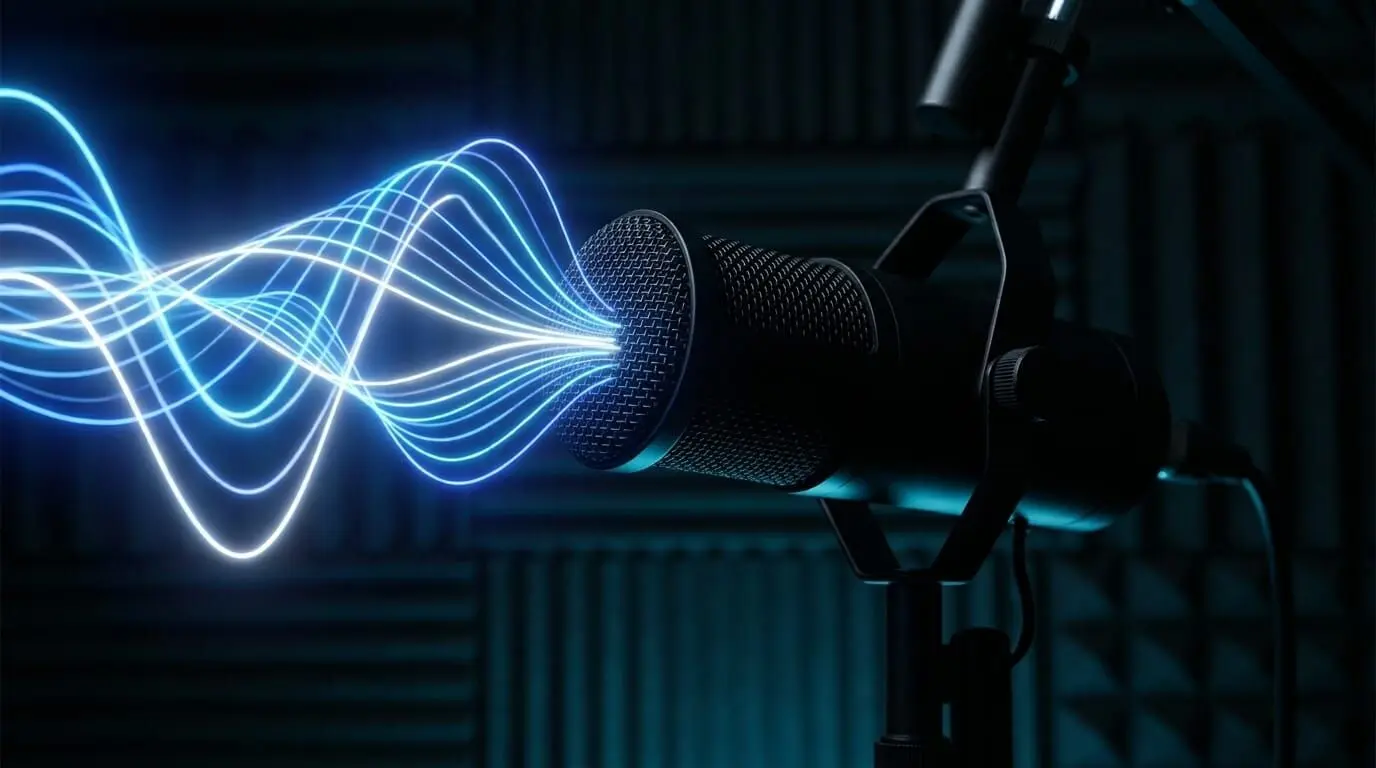 Studio microphone image with blue sound waves entering the capsule, illustrating close-mic sound capture, proximity effect, and low-frequency buildup.