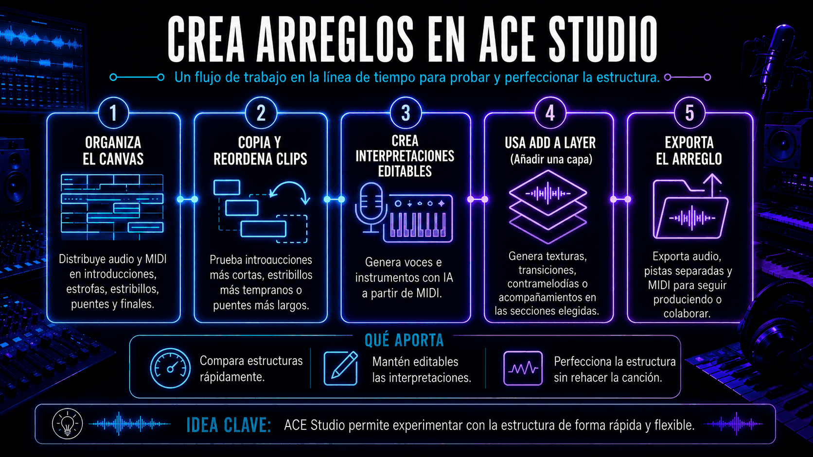 Flujo de trabajo de cinco pasos de ACE Studio para organizar clips, reorganizar secciones, crear actuaciones, añadir capas y exportar.