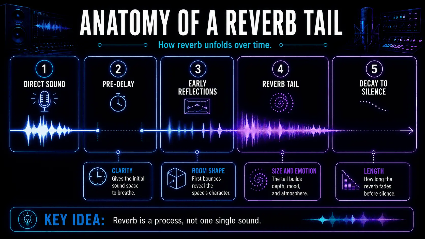 Infographic showing direct sound, pre-delay, early reflections, reverb tail, and decay to silence.
