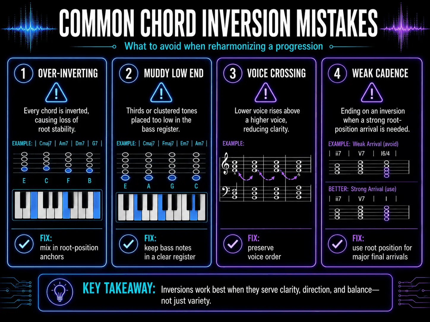 Four common chord inversion mistakes covering over-inverting, muddy bass notes, voice crossing, and weak final cadences.