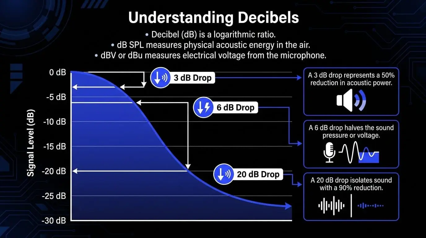 Infographic explaining decibels with a signal level graph showing 3 dB, 6 dB, and 20 dB drops in microphone sensitivity.