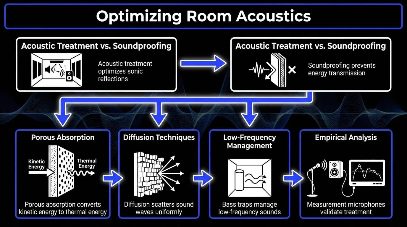 Infographic showing room acoustics optimization through acoustic treatment, soundproofing, porous absorption, diffusion, bass traps, and measurement microphones.