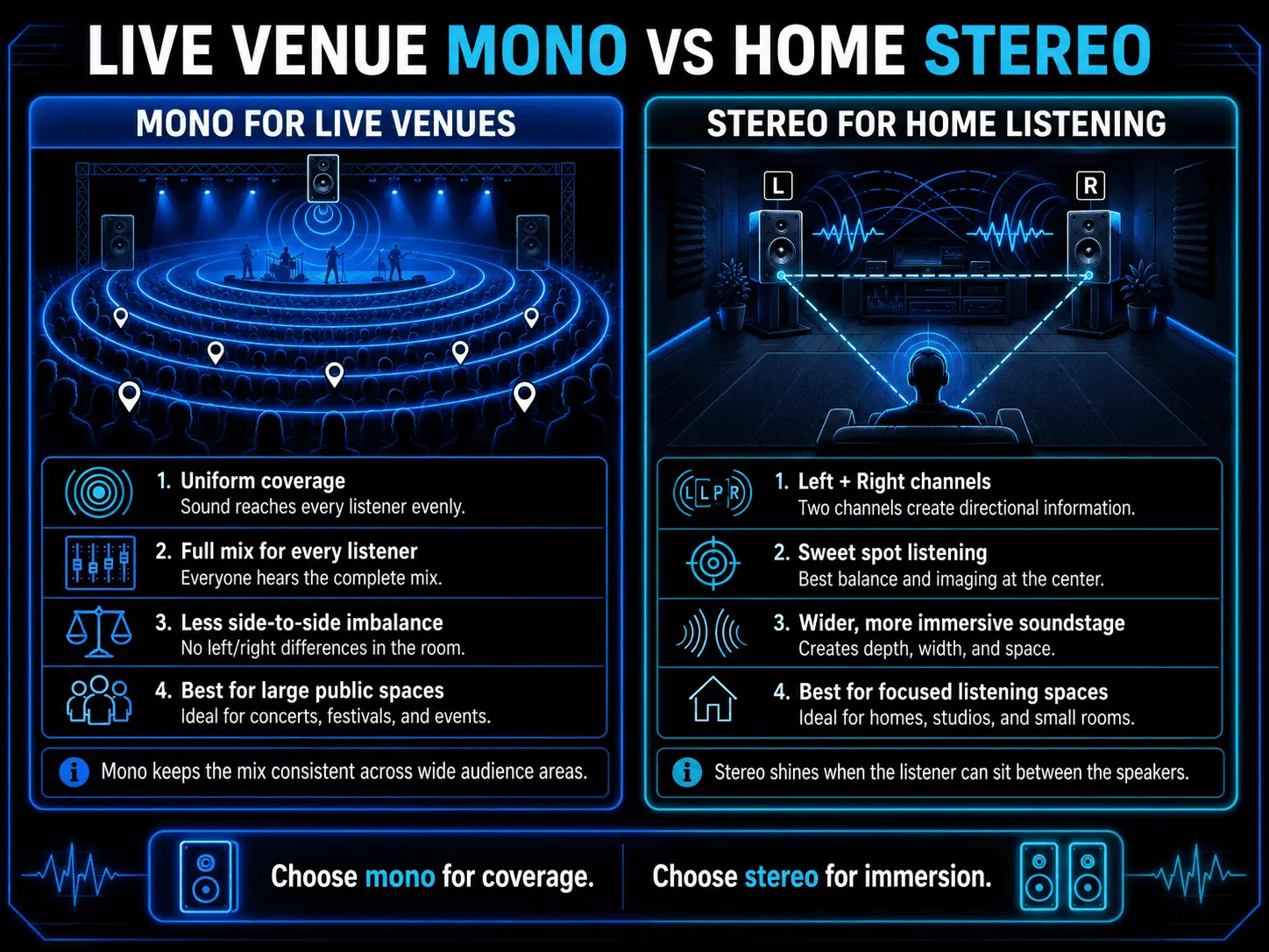 Infographic comparing mono audio for live venues with stereo audio for home listening, showing audience coverage, speaker setup, sweet spot listening, and key use cases