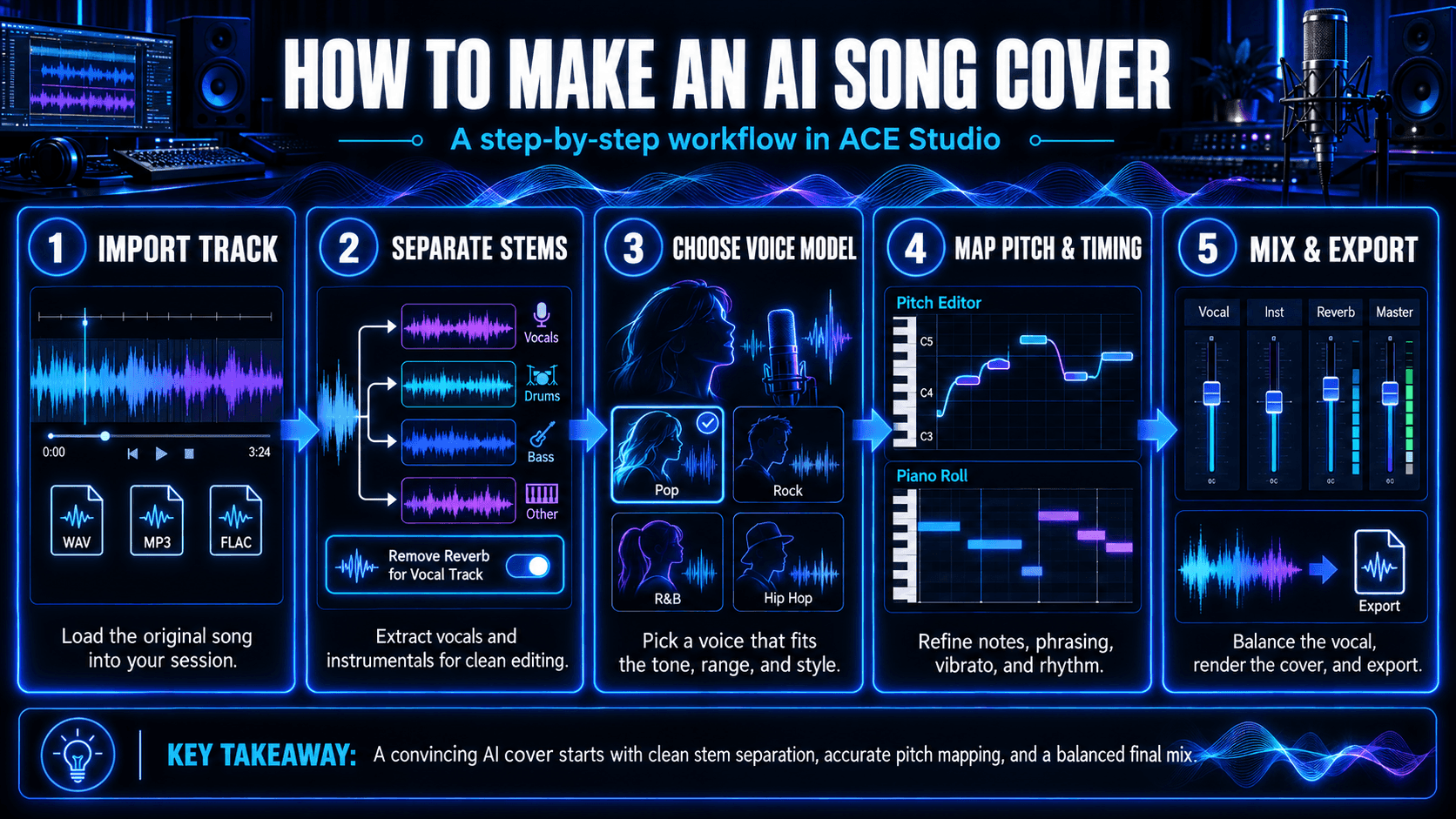 Five-step workflow for making an AI song cover in ACE Studio, including importing audio, separating stems, choosing an AI voice, editing pitch and timing, and exporting the mix.