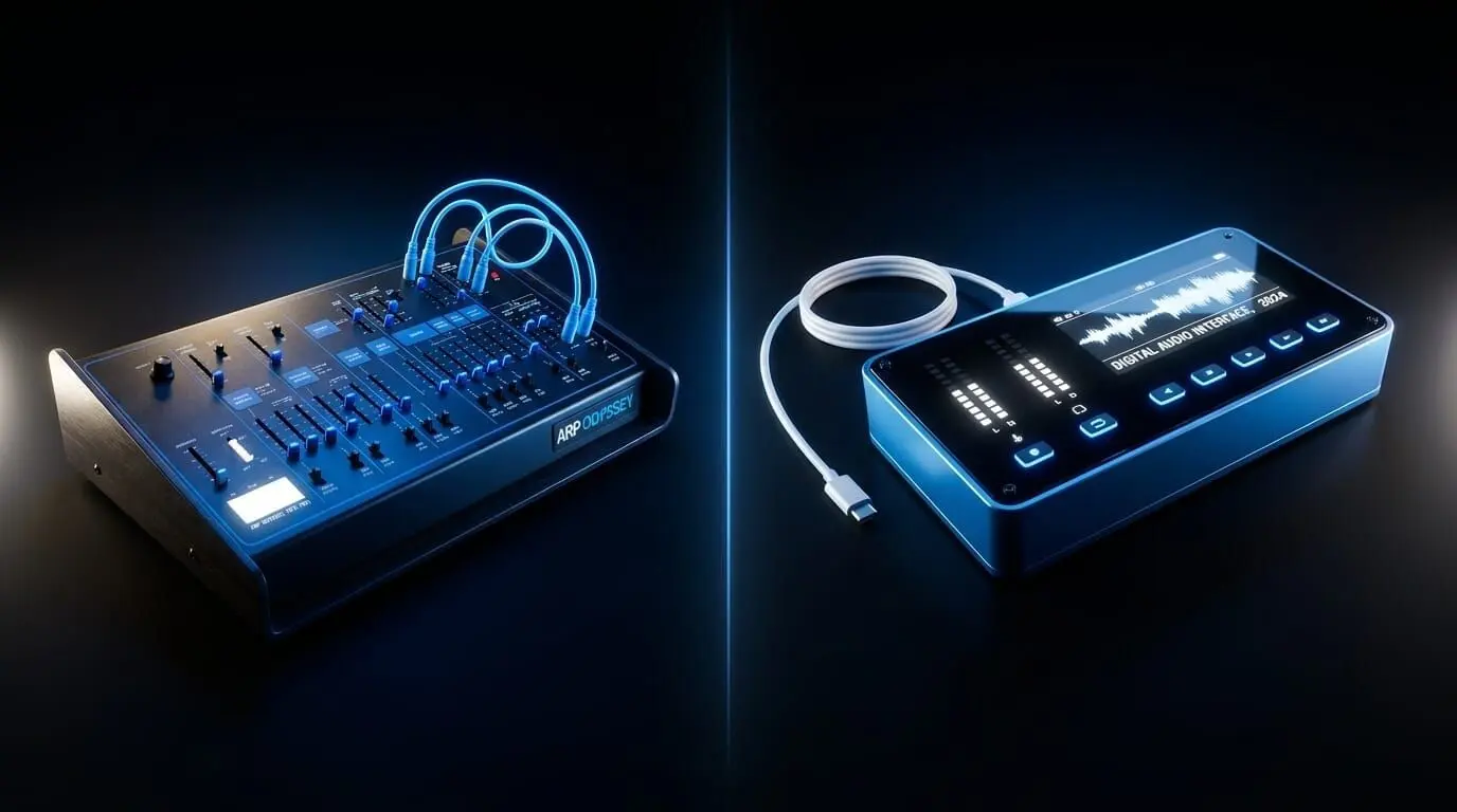 Side-by-side image of an analog synthesizer with patch cables and a digital audio interface displaying an audio waveform