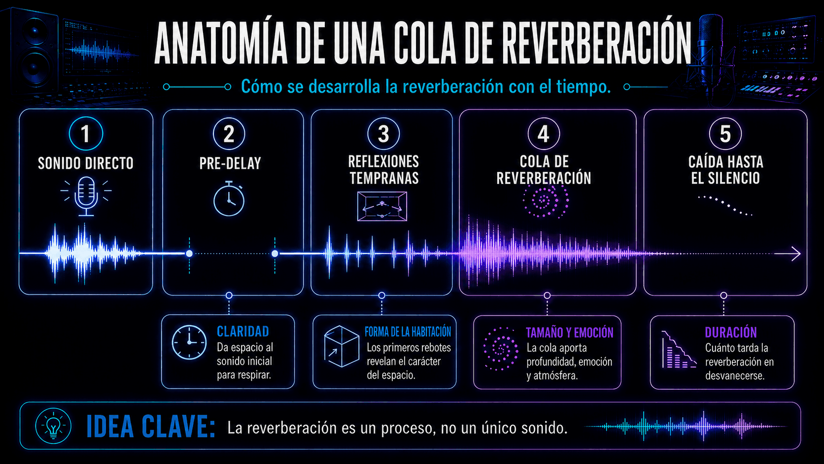 Infografía mostrando sonido directo, pre-delay, reflexiones tempranas, cola de reverberación y caída al silencio.