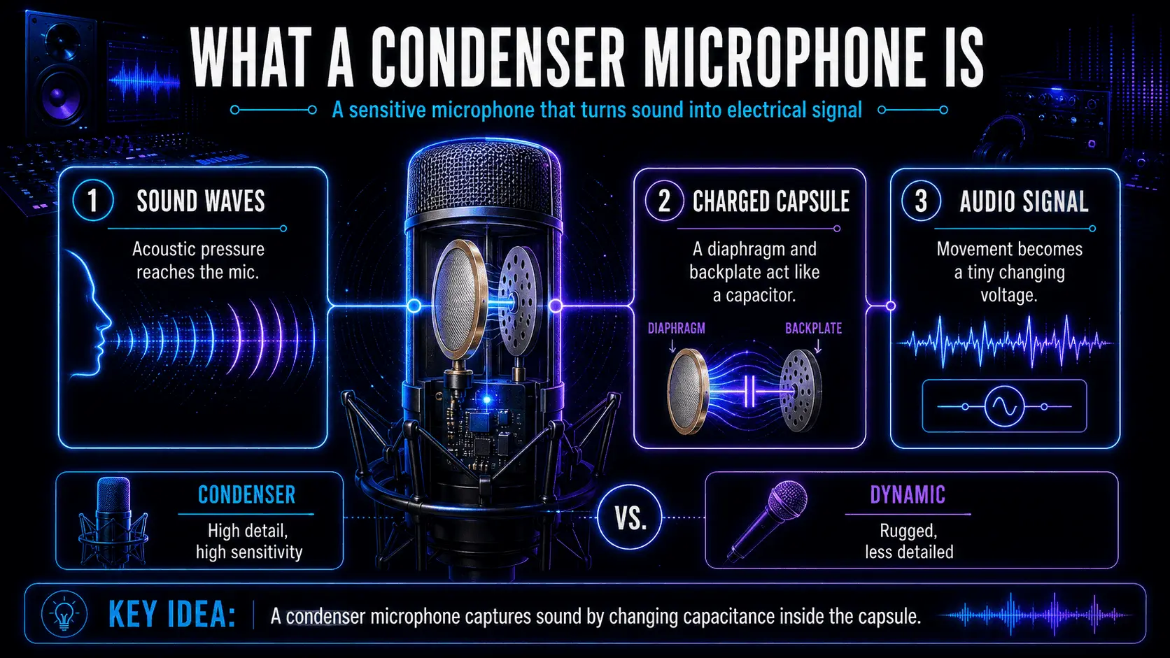 Diagram showing sound waves moving a condenser microphone diaphragm to create a changing electrical audio signal.