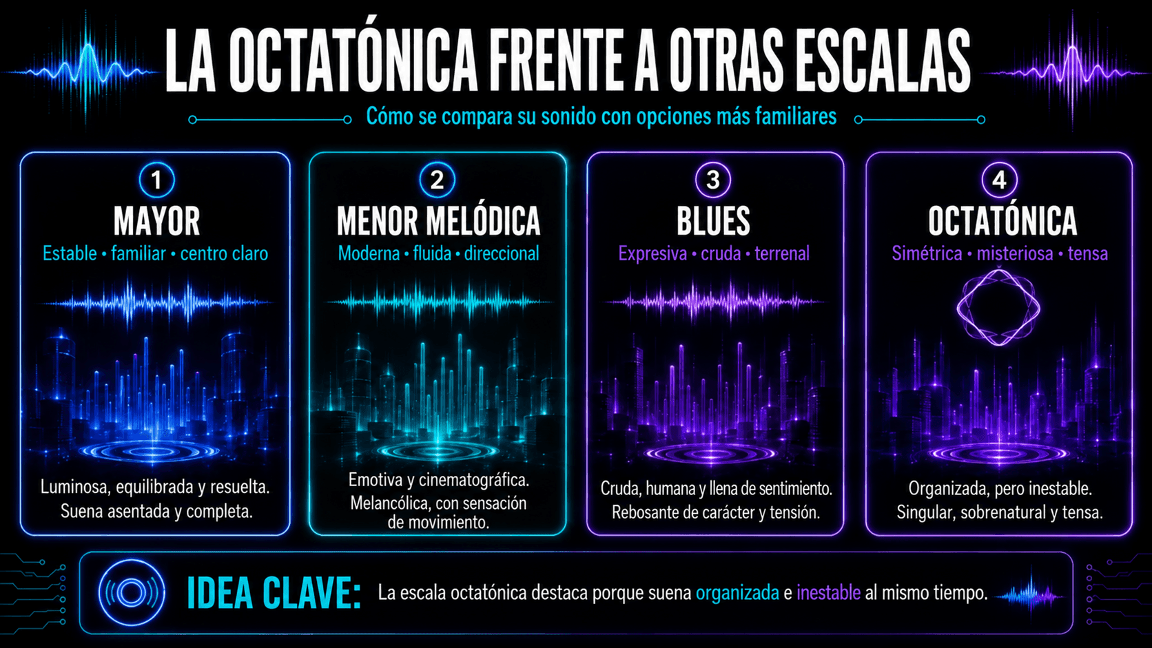 Comparación visual de escalas mayor, menor melódica, blues y octatónica por estabilidad tonal, estado de ánimo, movimiento y carácter musical.