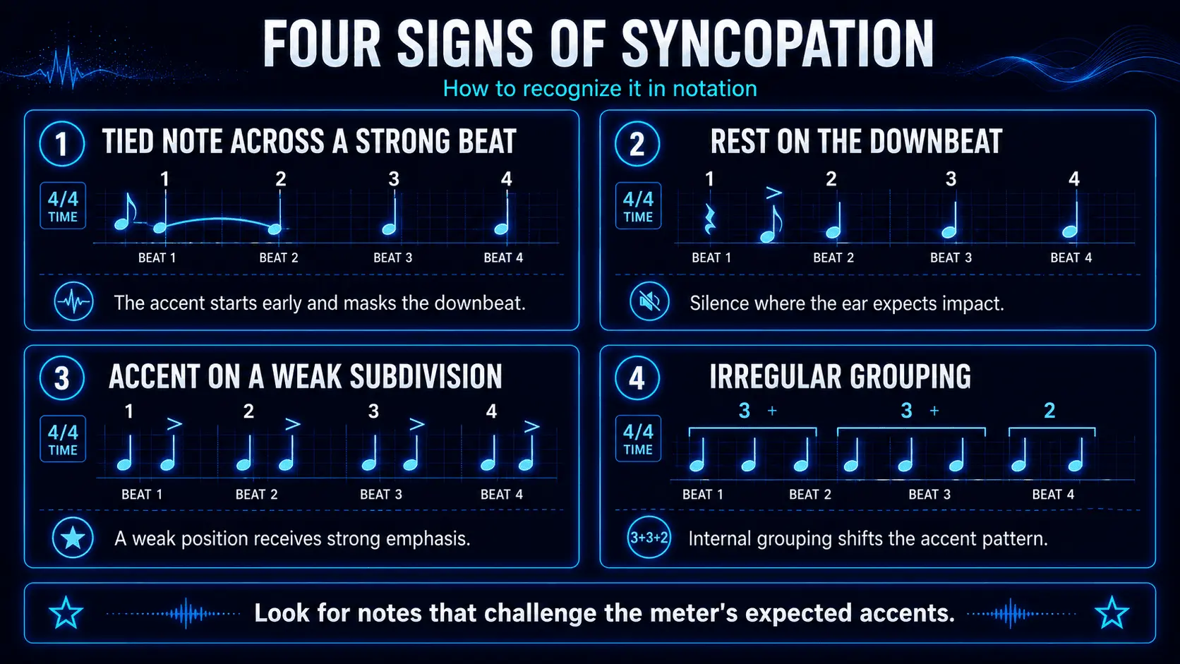 Infographic showing four signs of syncopation: tied notes, downbeat rests, weak-beat accents, and irregular 3+3+2 grouping.