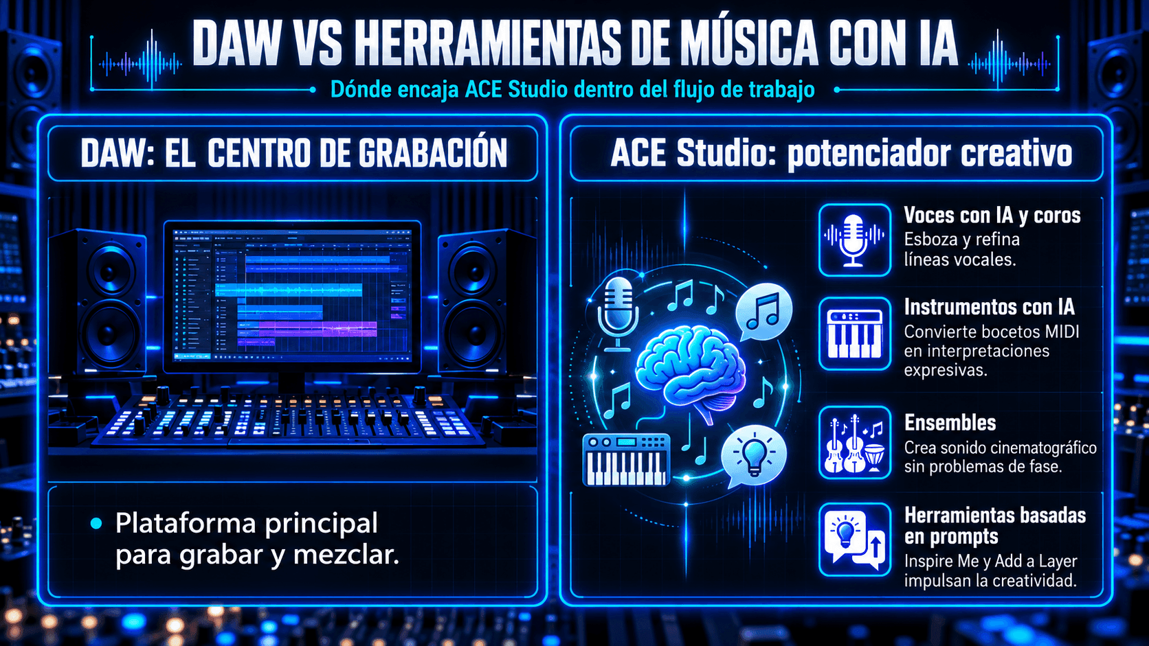 Infografía comparando DAWs y herramientas de música AI, mostrando un DAW como el centro principal de grabación y ACE Studio como un potenciador creativo para voces AI, instrumentos, ensambles y prompts.