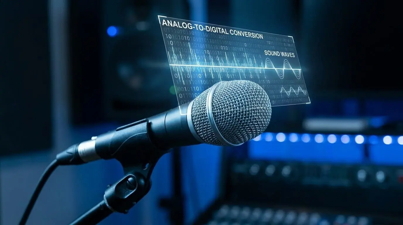Studio microphone with digital sound wave display showing analog-to-digital conversion in music production.