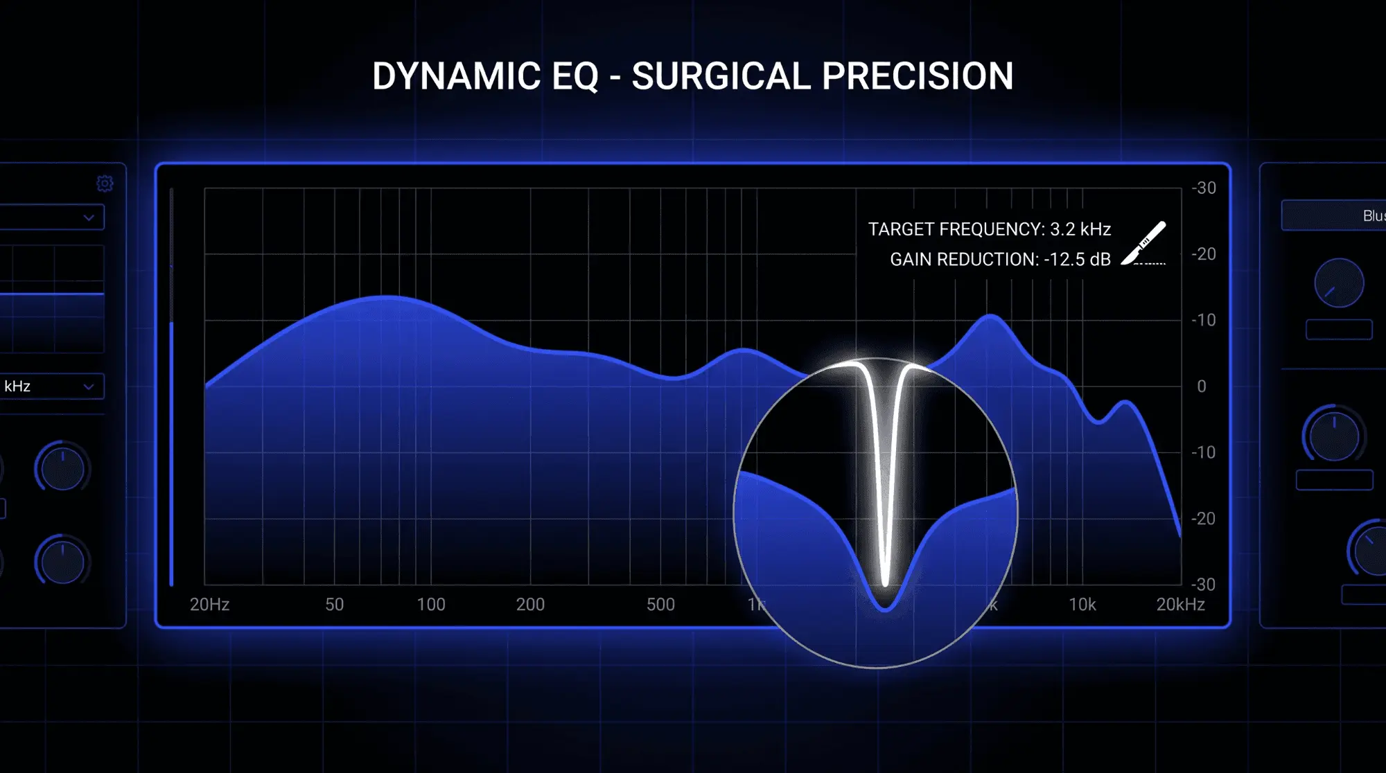 Infographic showing dynamic EQ surgical precision with a narrow gain reduction at 3.2 kHz, demonstrating targeted frequency control for harsh resonances in audio production.