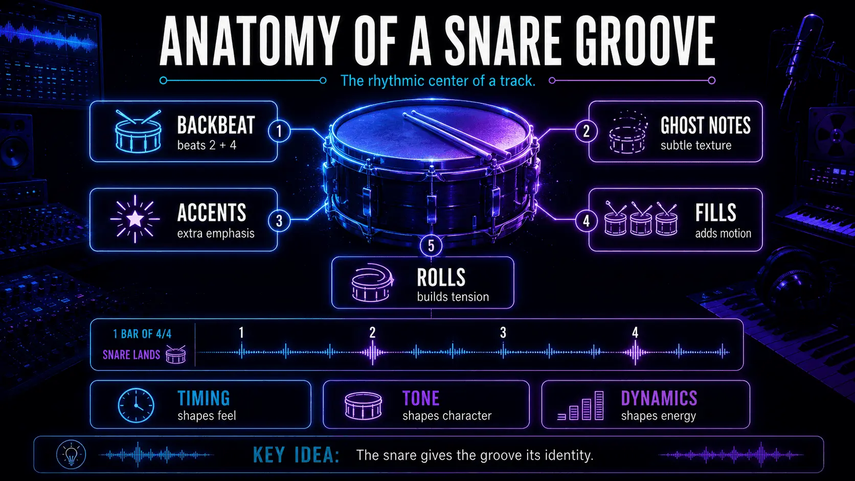 Infographic showing backbeats, ghost notes, accents, fills, rolls, timing, tone, and dynamics within a snare groove.