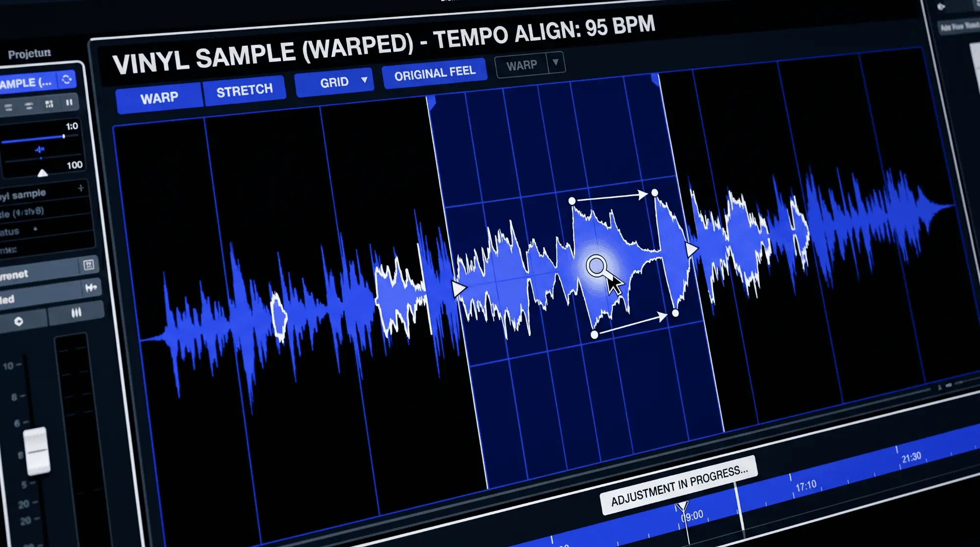 DAW waveform view showing a vinyl sample being stretched, warped, and aligned to 95 BPM for music production.