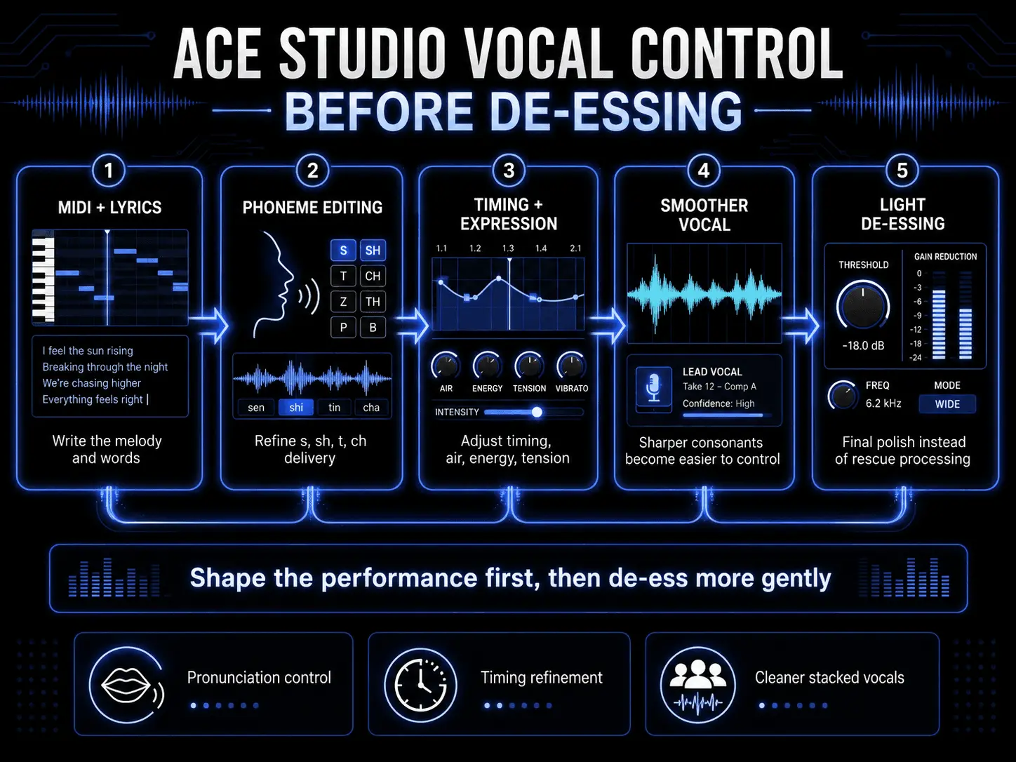 Infographic showing ACE Studio vocal control steps before de-essing, from MIDI and lyrics to phoneme editing, expression, smoother vocals, and light de-essing.