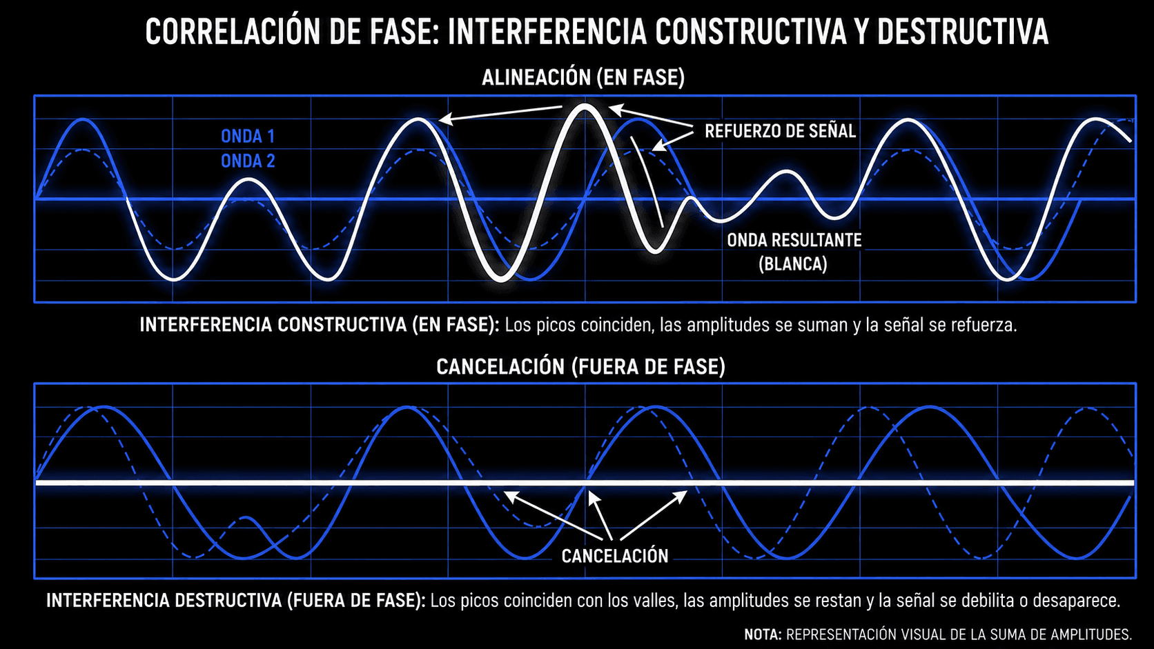 Gráfico de correlación de fase con interferencia constructiva, interferencia destructiva y ondas resultantes.