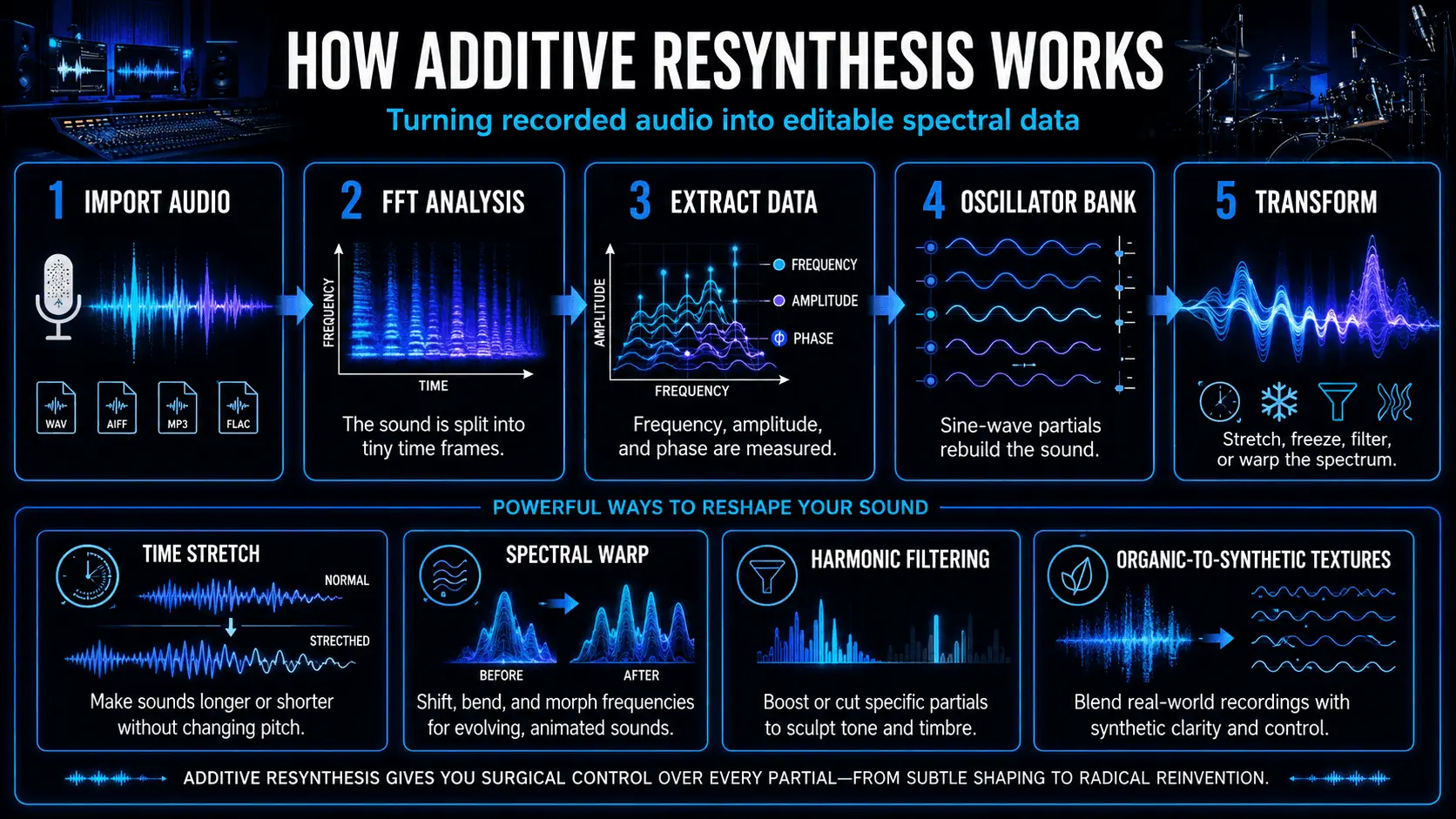 Additive resynthesis workflow showing audio import, FFT analysis, spectral data extraction, oscillator reconstruction, and sound transformation.