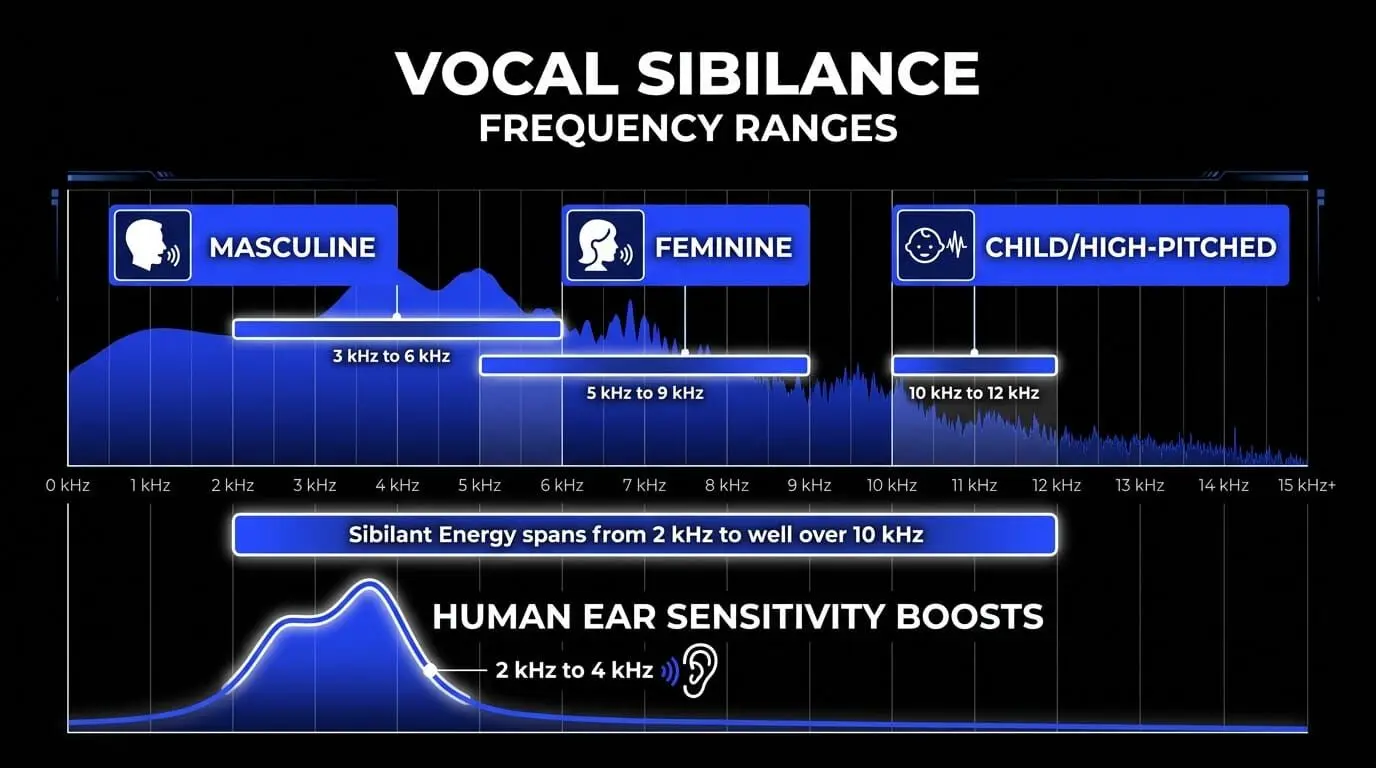 Infographic showing common vocal sibilance frequency ranges for masculine, feminine, and child or high-pitched voices, plus the human ear's increased sensitivity between 2 kHz and 4 kHz.