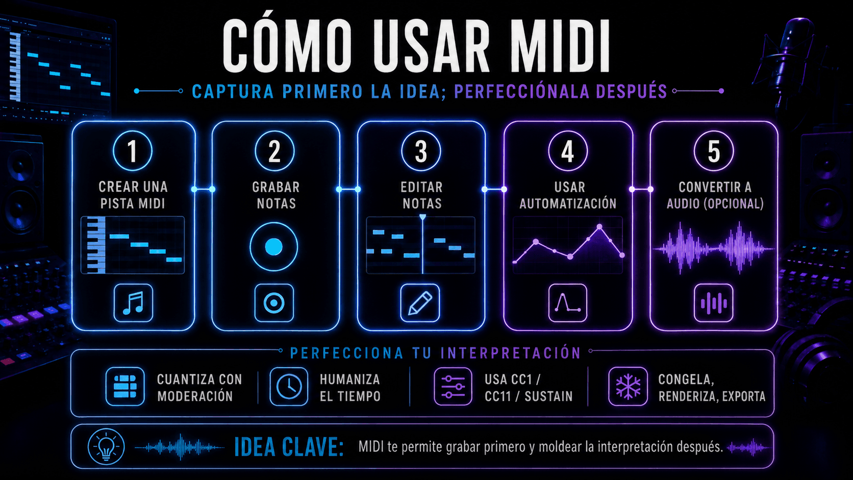 Proceso para crear, grabar, editar, automatizar y convertir una pista MIDI en audio.