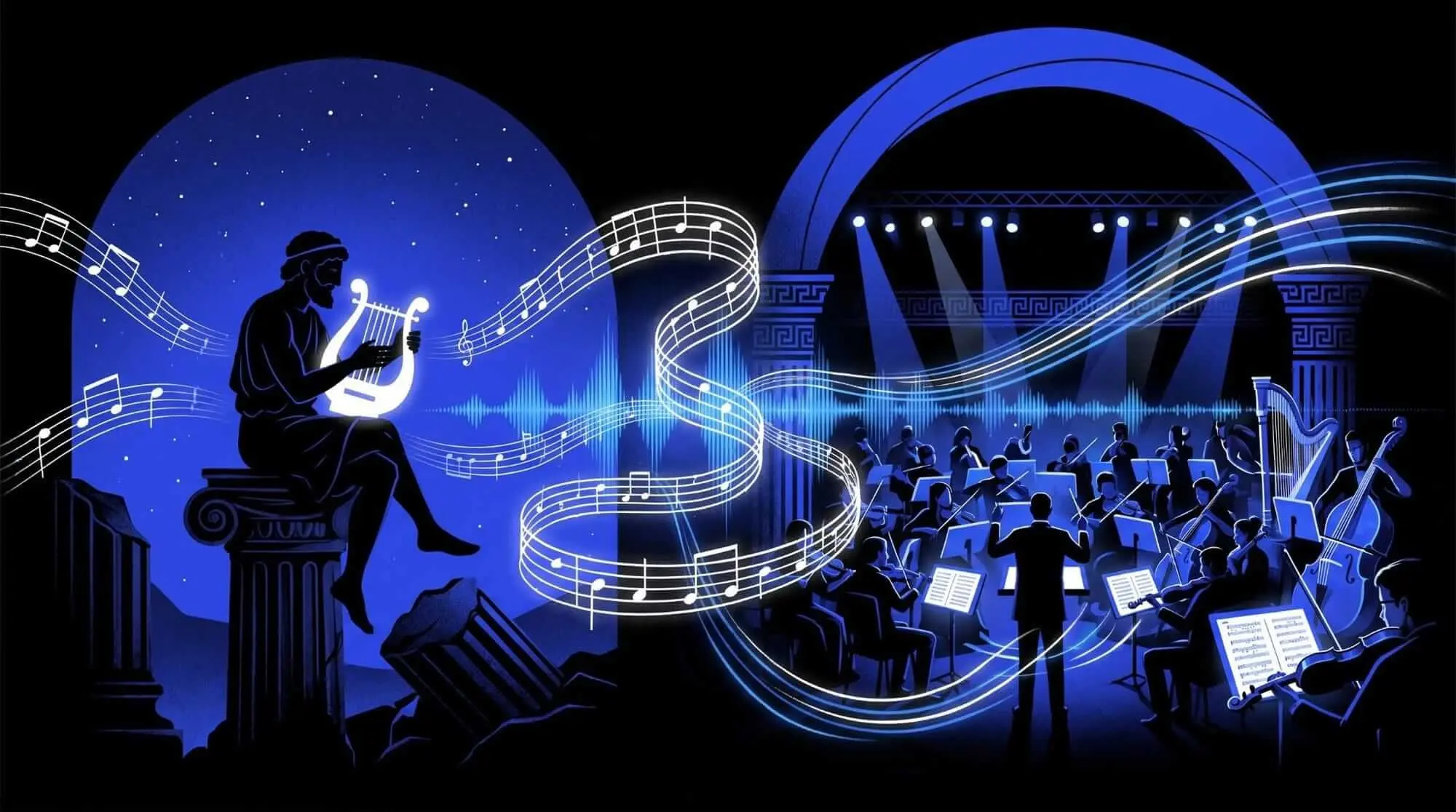 Illustration tracing the history of melody from an ancient lyre player to a modern orchestra and conductor.