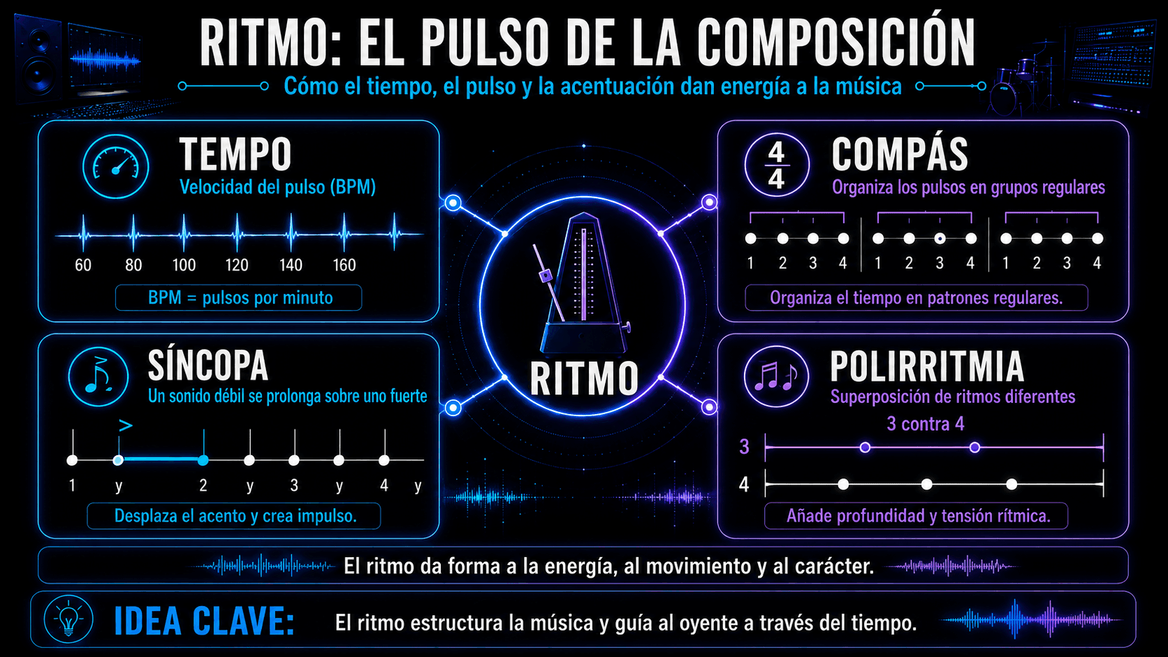 Infografía de ritmo explicando tempo, métrica, síncopa y poliritmo con patrones de pulso y un metrónomo central.