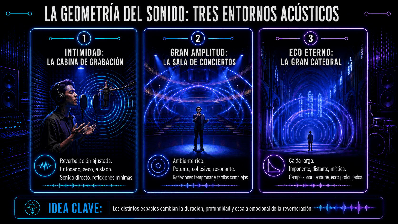Infografía comparando cabina de grabación, sala de conciertos y acústica de catedral con diferentes características de reverberación y reflexión.