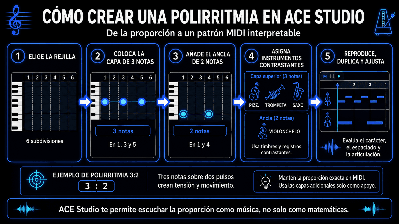 Flujo de trabajo de cinco pasos de ACE Studio para construir un poliritmo 3:2 con una rejilla de seis partes, instrumentos contrastantes y capas MIDI editables.