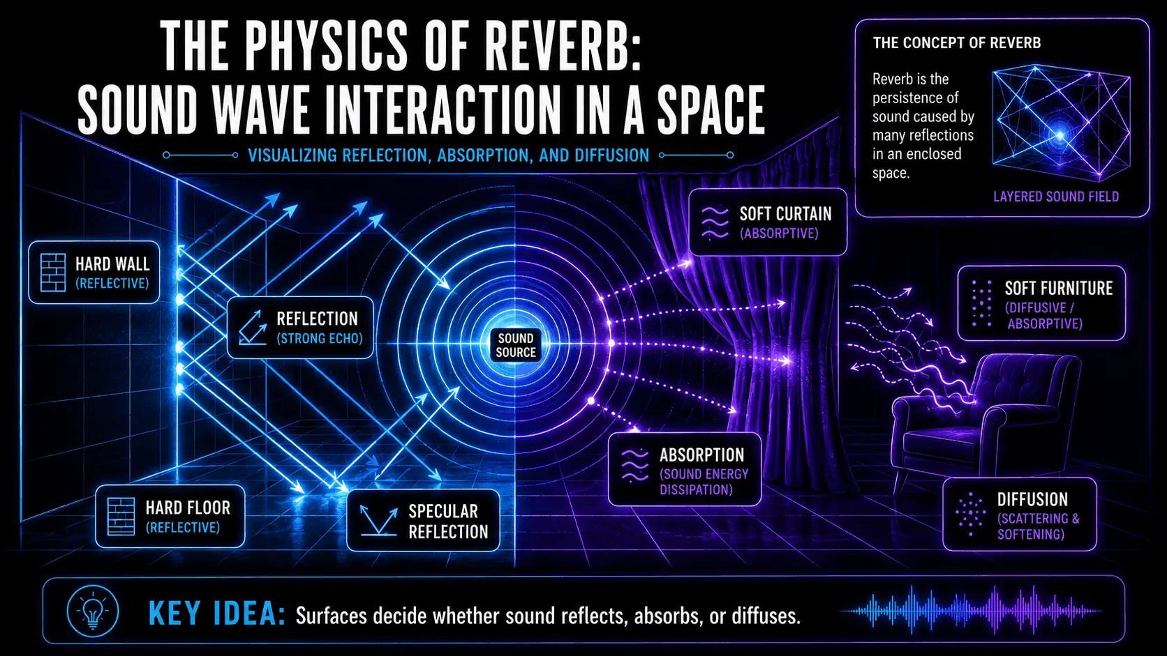 Infographic explaining the physics of reverb, showing sound wave reflections, absorption, diffusion, hard surfaces, curtains, and furniture in a room.