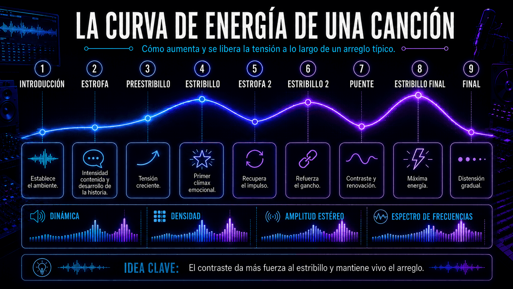 Gráfico de energía de canción mapeando la introducción, versos, pre-estribillo, estribillos, puente y final a través de un arreglo moderno.