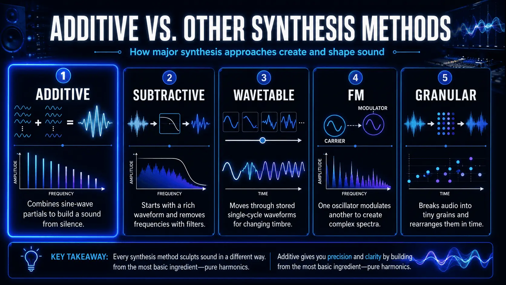 Comparison of additive, subtractive, wavetable, FM, and granular synthesis methods and how each creates or shapes sound.