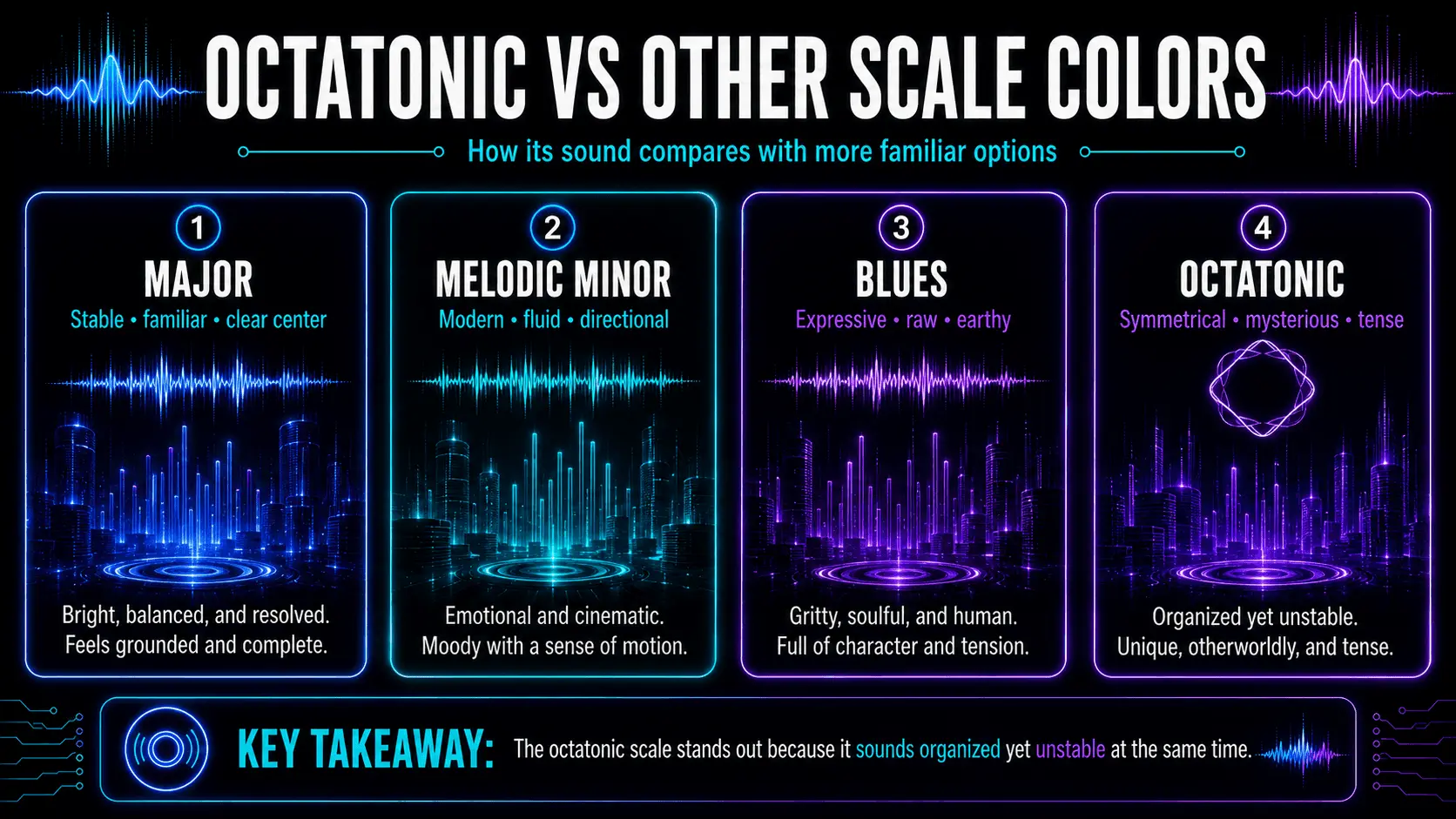 Visual comparison of major, melodic minor, blues, and octatonic scales by tonal stability, mood, movement, and musical character.