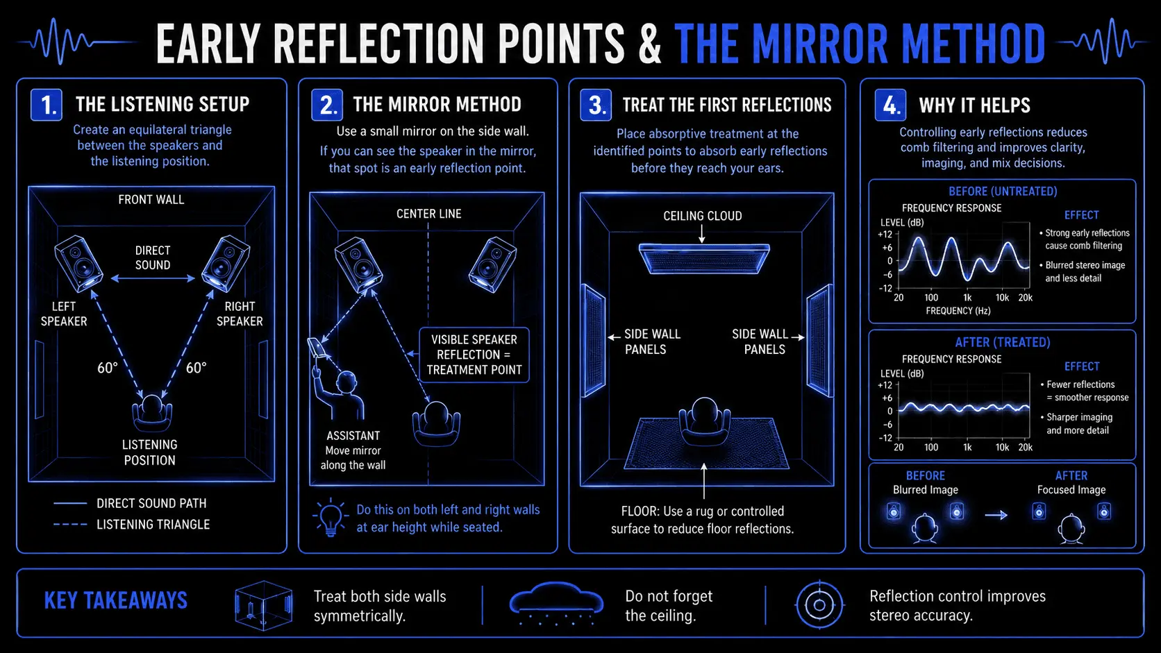 Infographic explaining early reflection points and the mirror method, including speaker setup, side wall treatment, ceiling clouds, and before-after frequency response.