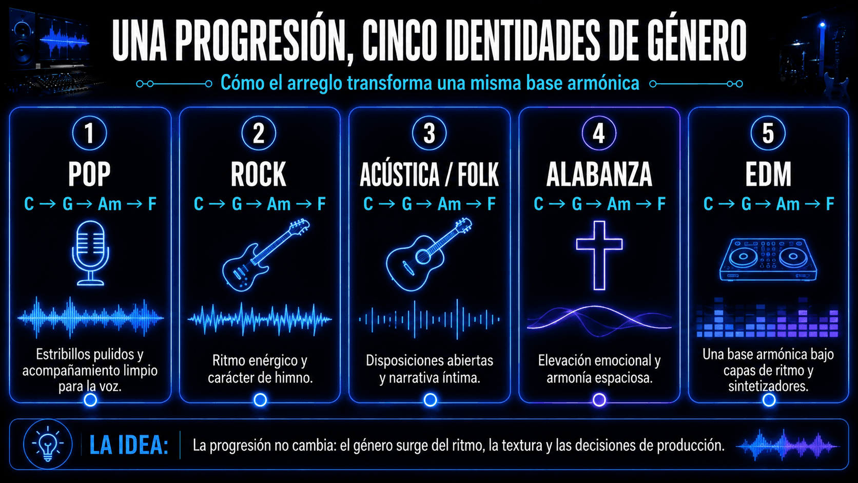 Infographic comparing how the C–G–Am–F chord progression is arranged in pop, rock, acoustic folk, worship, and EDM.