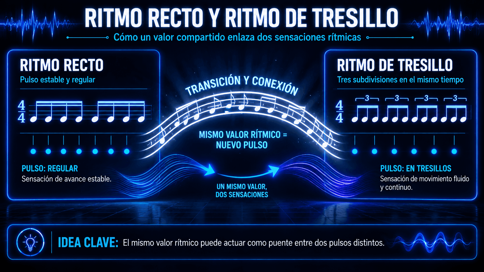 Ilustración de ritmo directo cambiando a ritmo de tresillo a través de modulación métrica y transición rítmica.