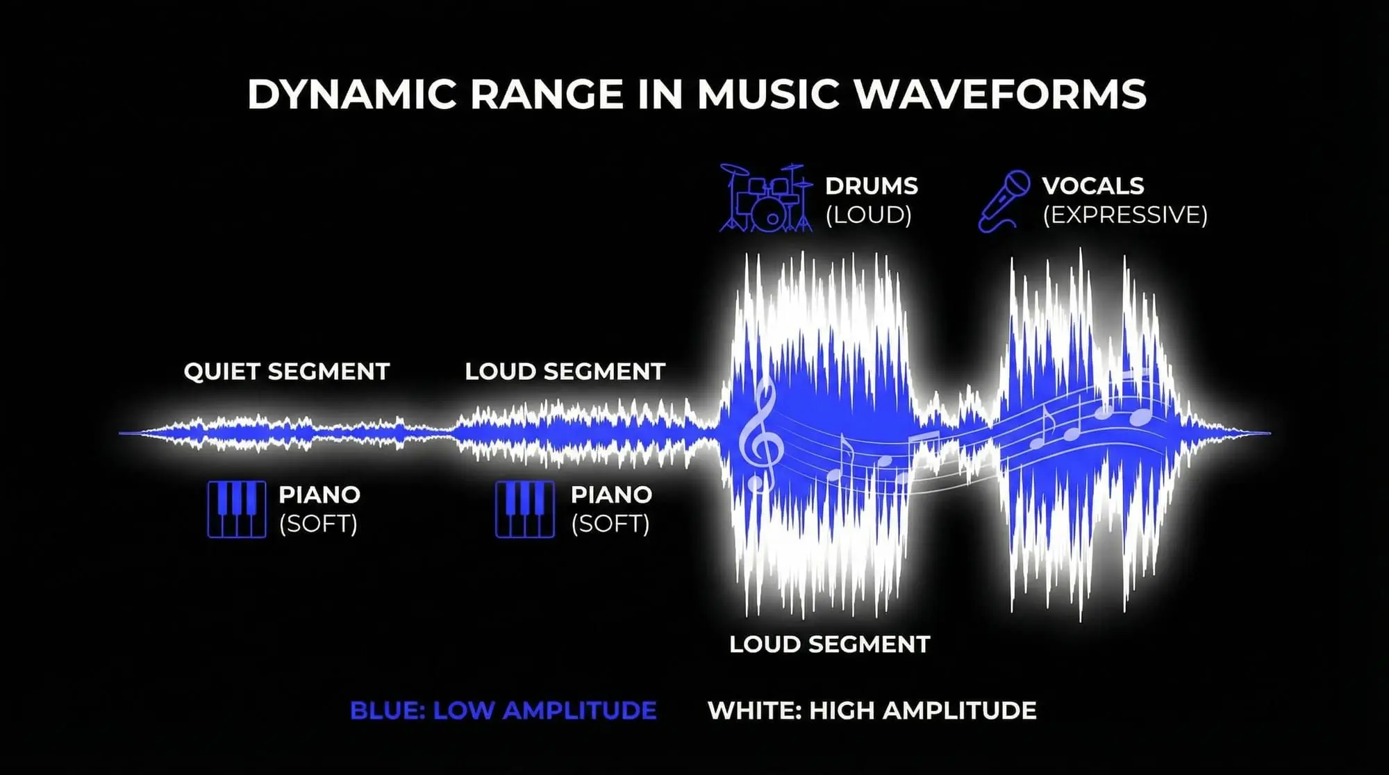 Infographic showing dynamic range in music waveforms, comparing low-amplitude quiet piano segments with high-amplitude drums and expressive vocals.