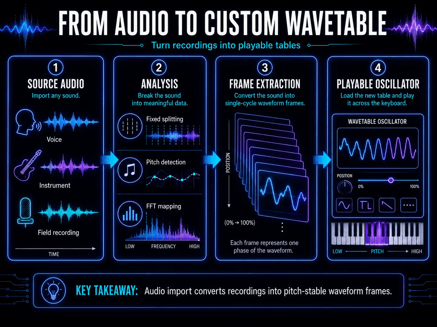 Process for converting voice, instrument, or field recordings into single-cycle frames for a custom wavetable oscillator.