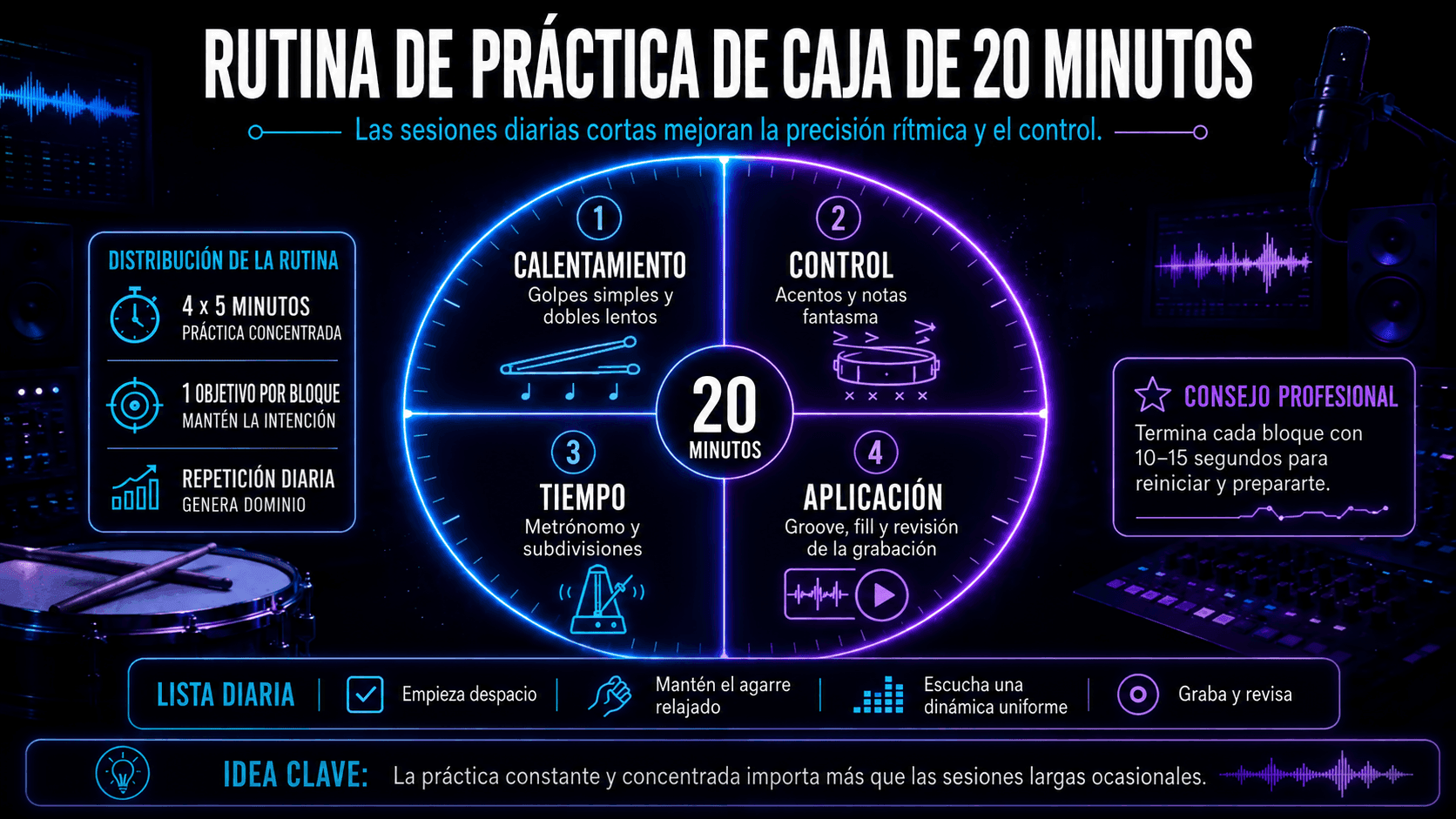 Rutina de práctica de caja de veinte minutos dividida en ejercicios de calentamiento, control, tiempo y aplicación musical.
