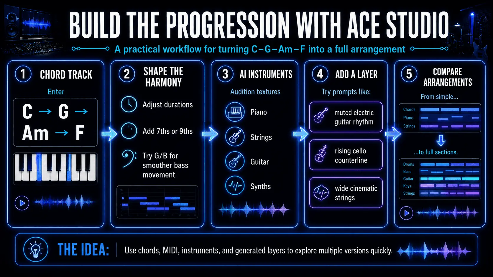 Infographic showing how to build a 1–5–6–4 progression in ACE Studio using the Chord Track, AI Instruments, Add a Layer, and arrangement comparison.