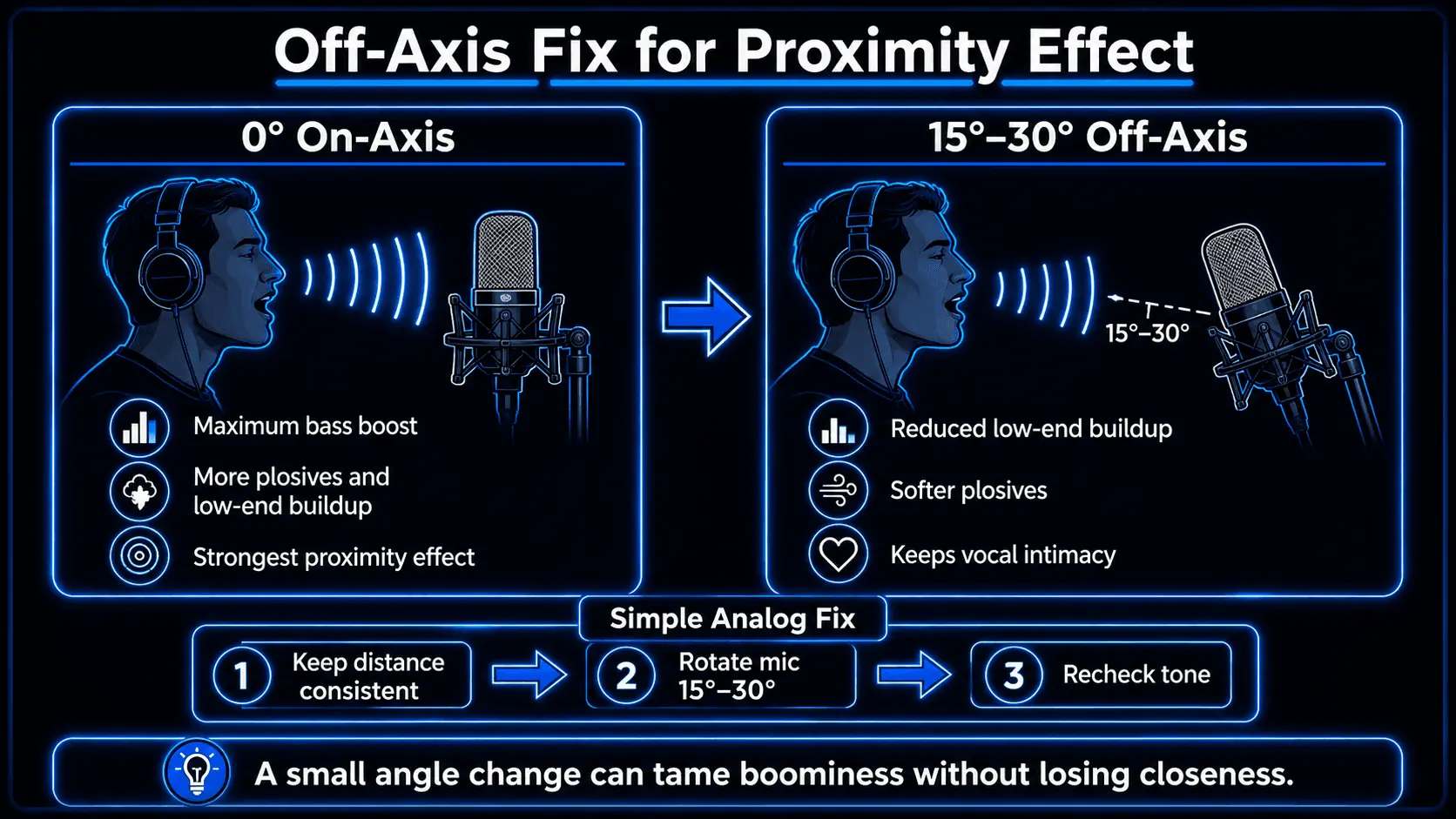 Infographic showing an off-axis microphone fix for proximity effect, comparing 0-degree on-axis placement with 15–30-degree off-axis placement to reduce bass buildup and plosives.