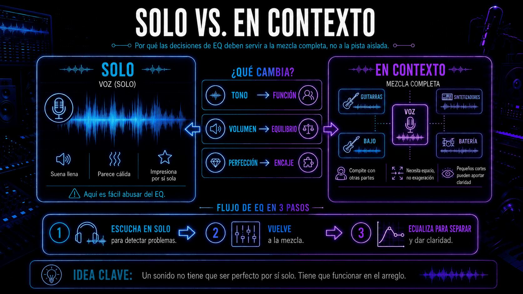 Infografía comparando una voz sola con la misma voz en una mezcla completa junto con guitarras, bajo, sintetizadores y batería.