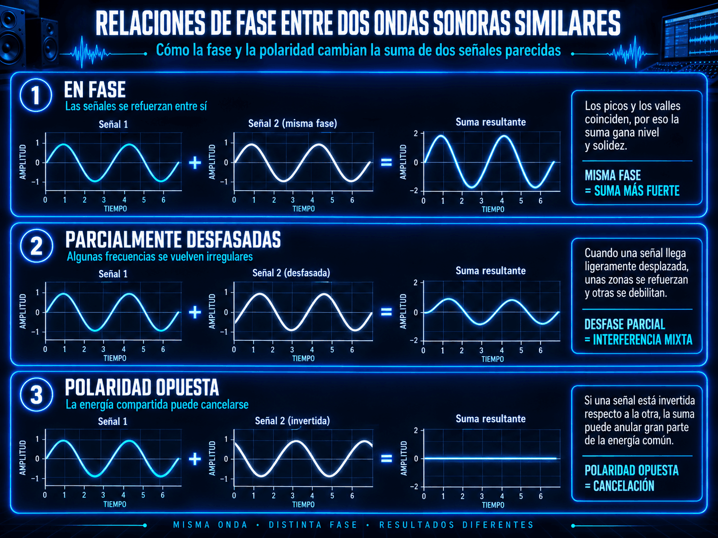 Gráfico mostrando relaciones de fase entre dos ondas sonoras similares, incluyendo refuerzo en fase, desplazamiento parcial de fase con frecuencias desiguales y cancelación de polaridad opuesta.