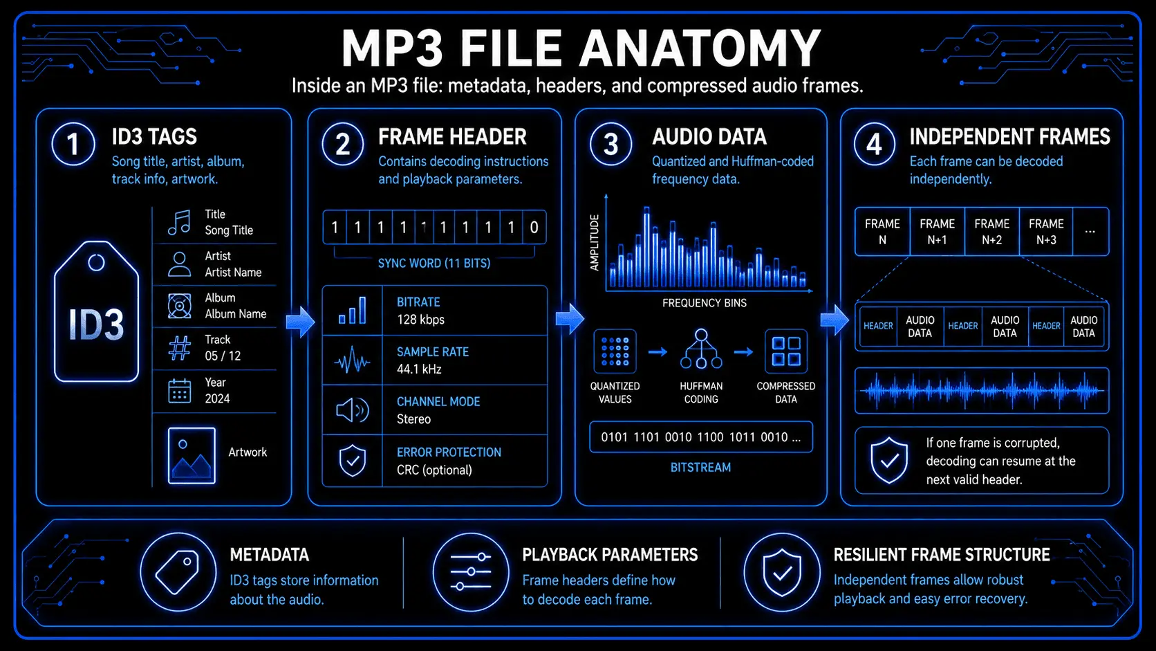 MP3 file anatomy showing ID3 tags, frame headers, compressed audio data, and independent frame structure