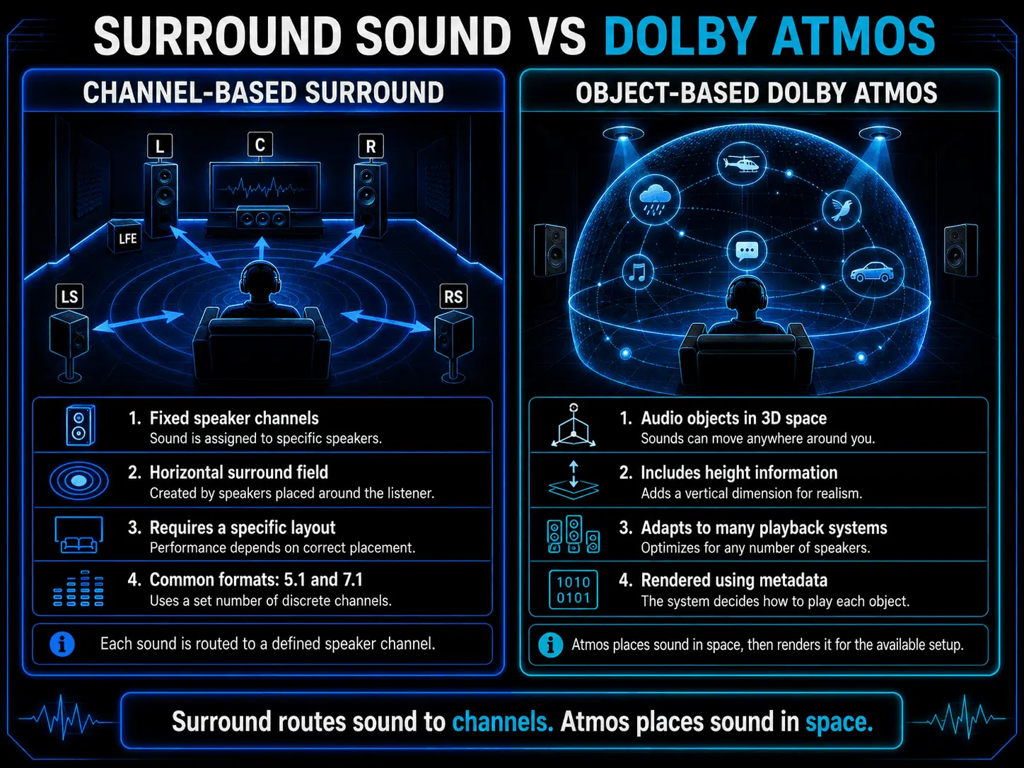 Infographic explaining the difference between surround sound and Dolby Atmos, including fixed speaker channels, 5.1 and 7.1 layouts, 3D audio objects, height information, and metadata-based rendering.