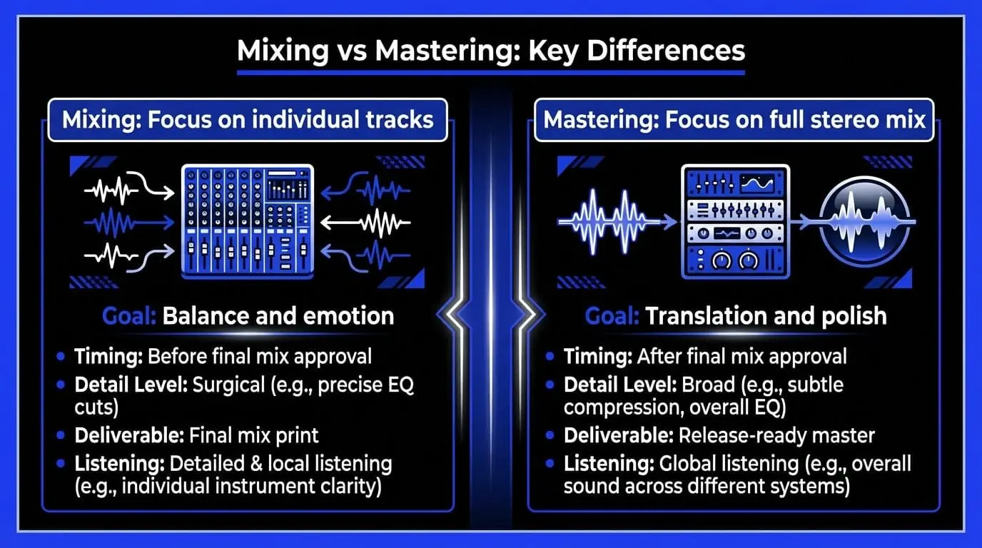 Infographic explaining key differences between mixing and mastering, including individual track balance, stereo mix polish, timing, listening focus, and deliverables.